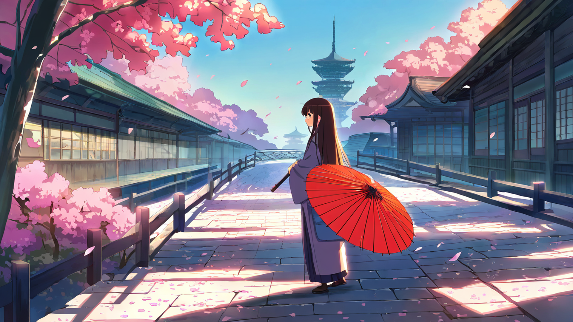 girl sakura umbrella lofi wallpaper