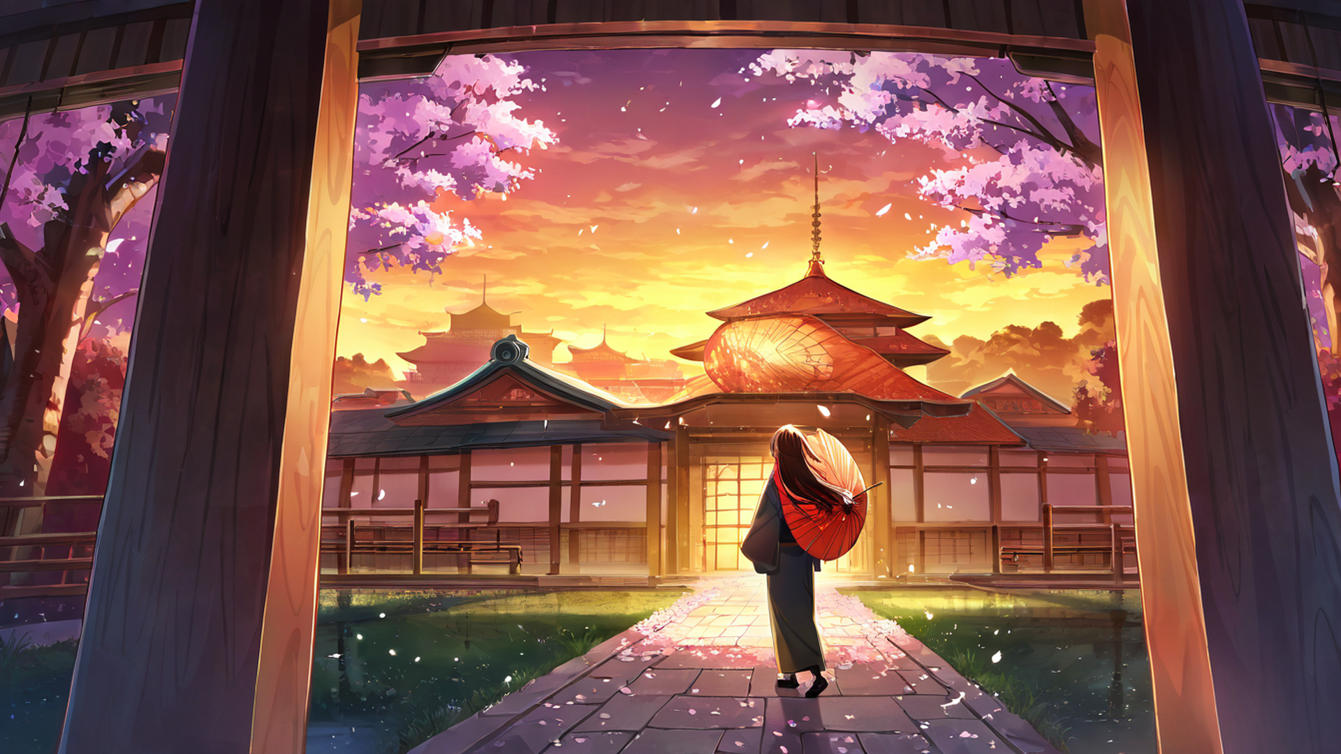 girl sakura umbrella lofi wallpaper