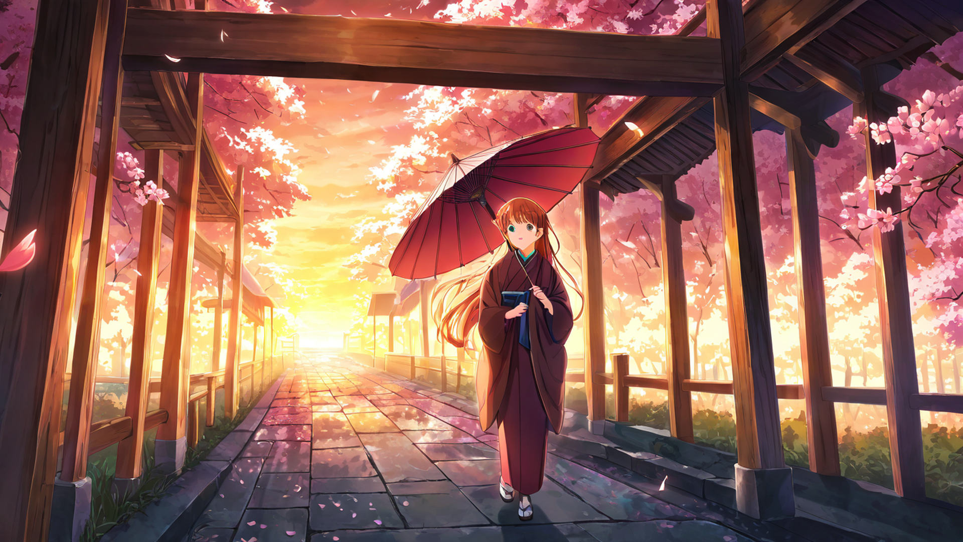 girl sakura umbrella lofi wallpaper