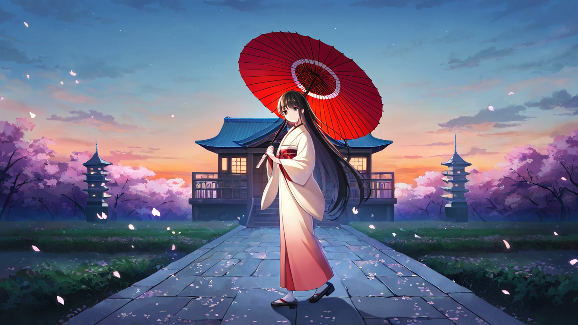 girl sakura umbrella lofi wallpaper