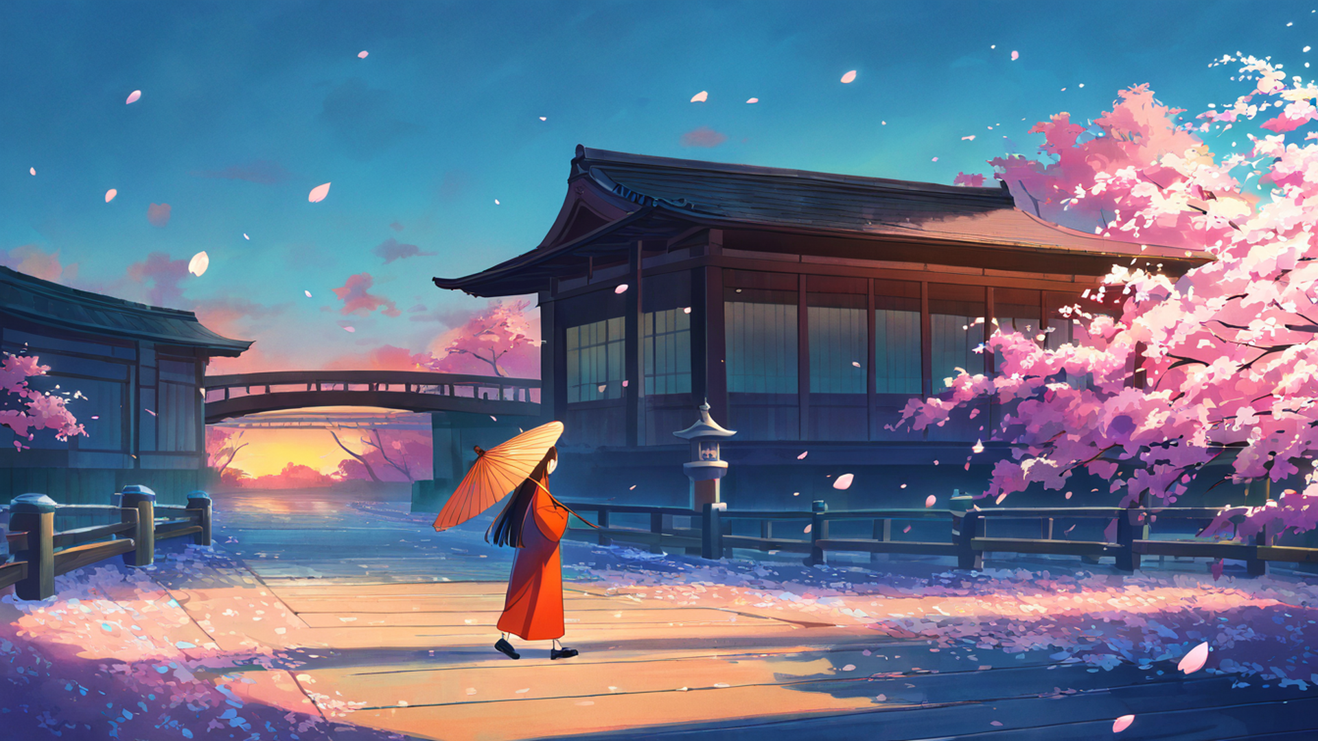 girl sakura umbrella lofi wallpaper