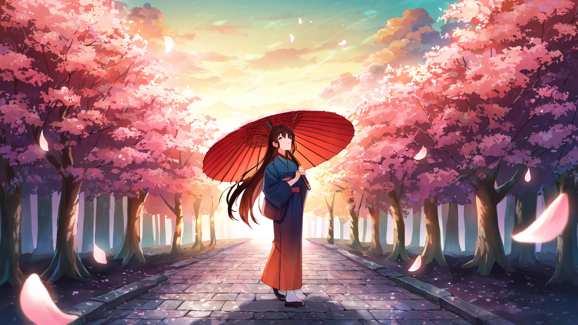 girl sakura umbrella lofi wallpaper