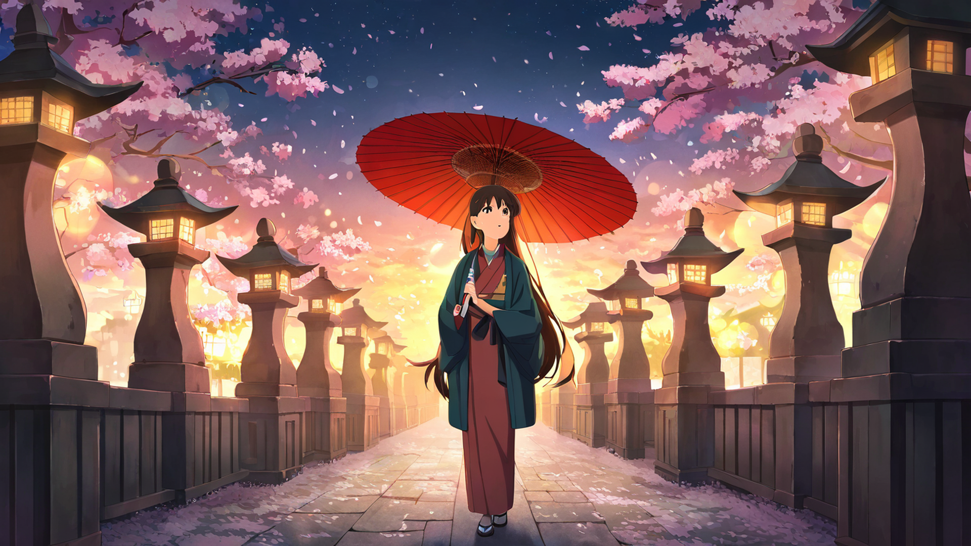 girl sakura umbrella lofi wallpaper