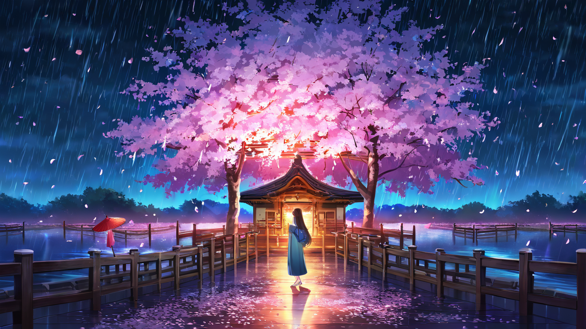 girl sakura umbrella lofi wallpaper