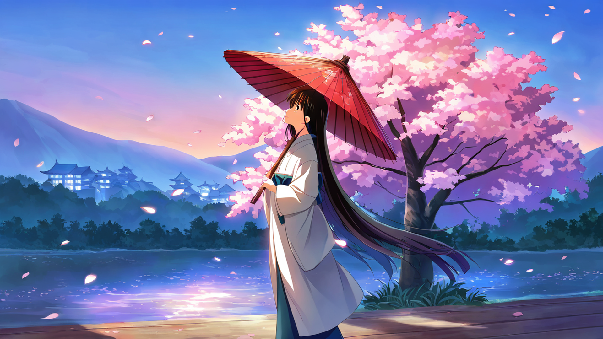 girl sakura umbrella lofi wallpaper