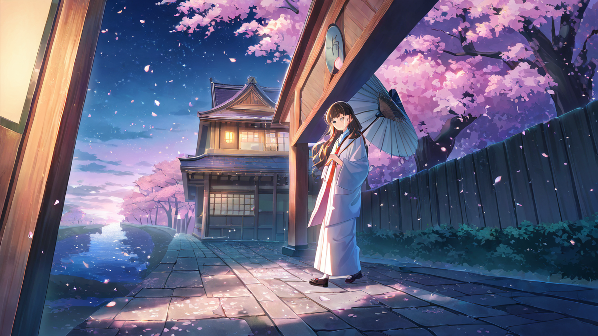 girl sakura umbrella lofi wallpaper