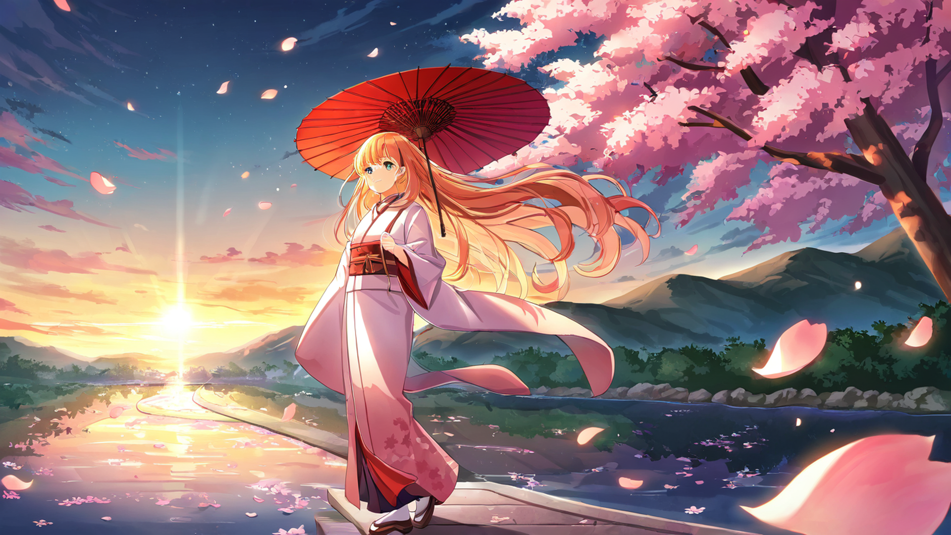 girl sakura umbrella lofi wallpaper