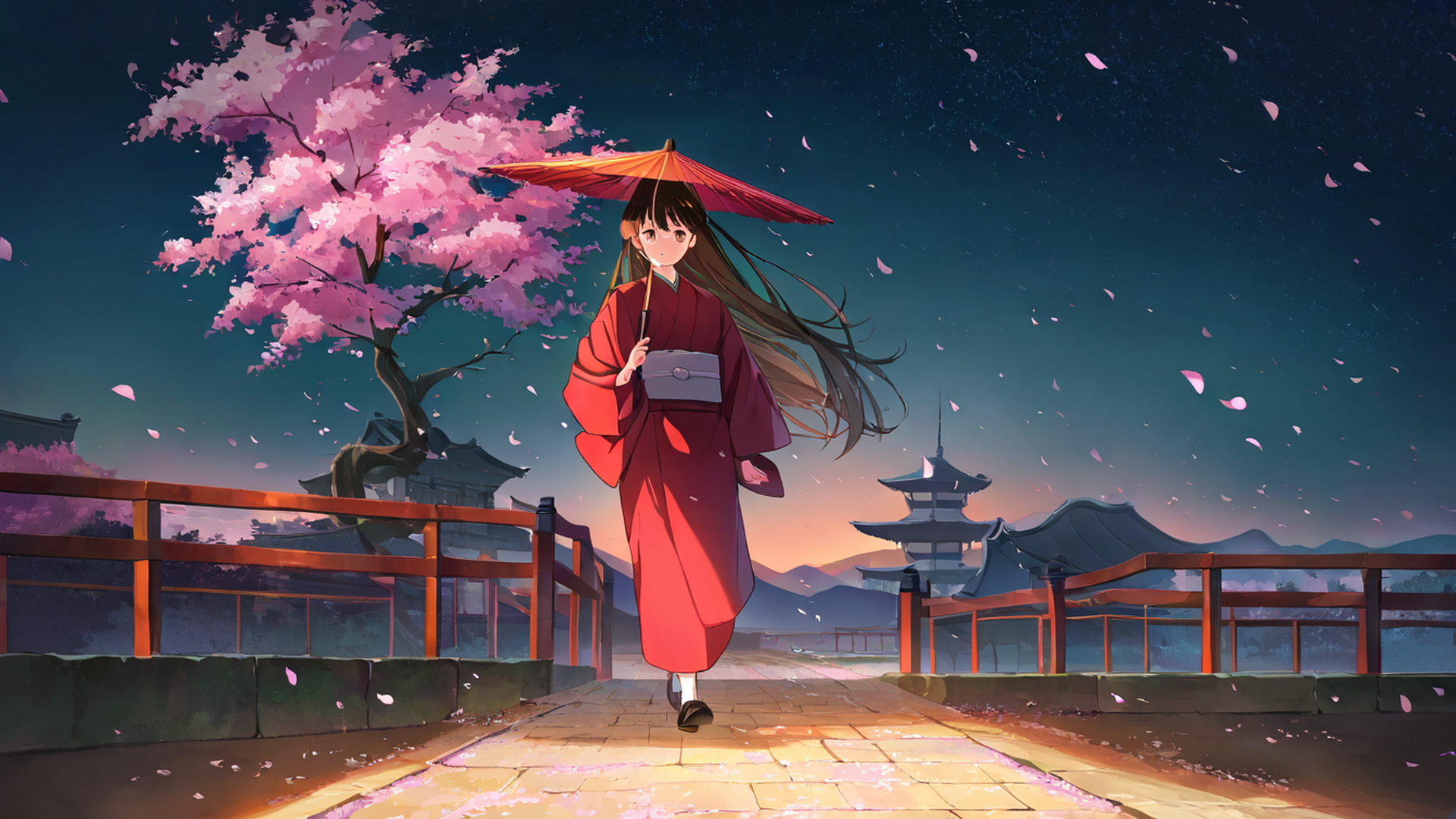 girl sakura umbrella lofi wallpaper