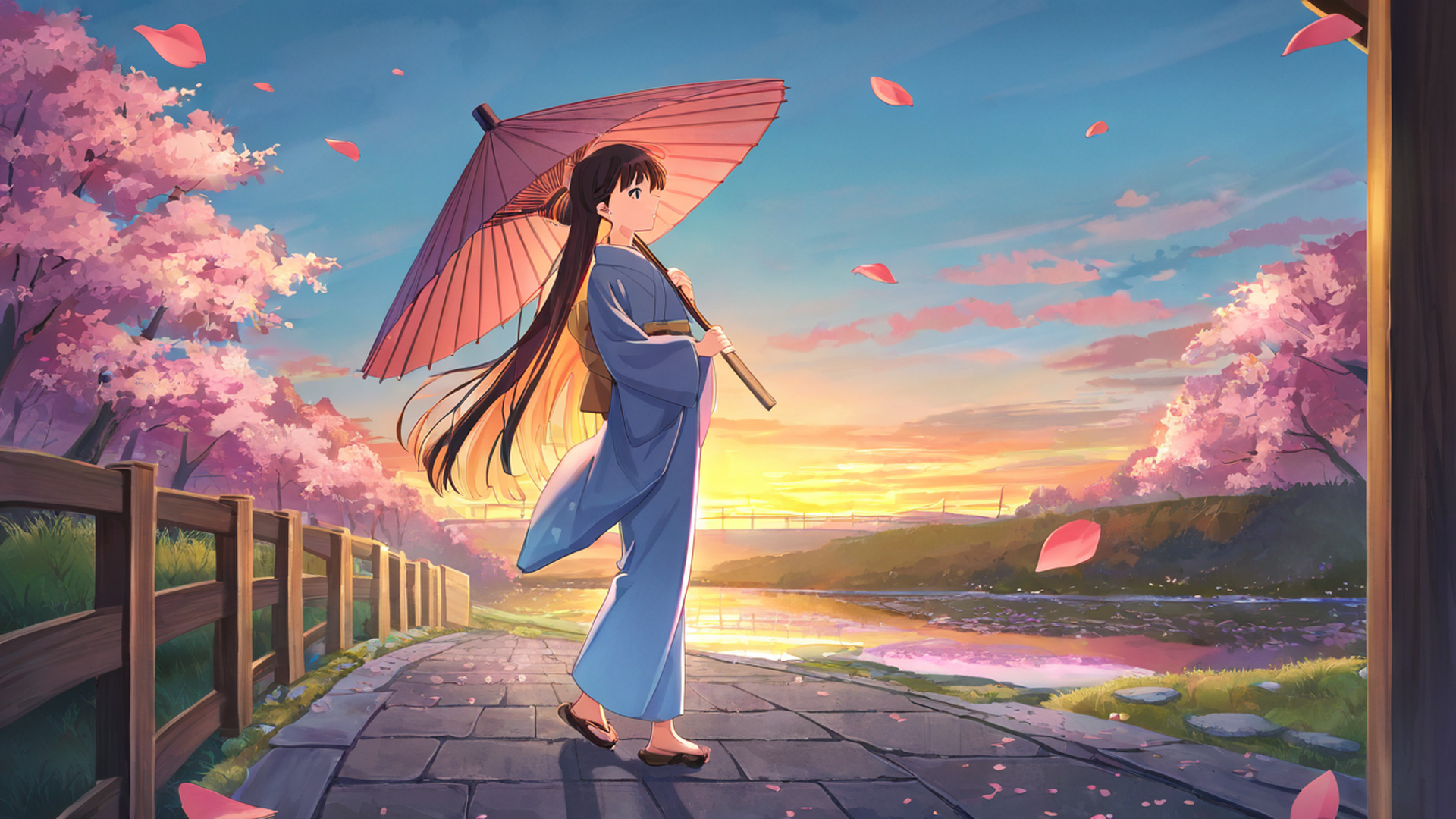 girl sakura umbrella lofi wallpaper