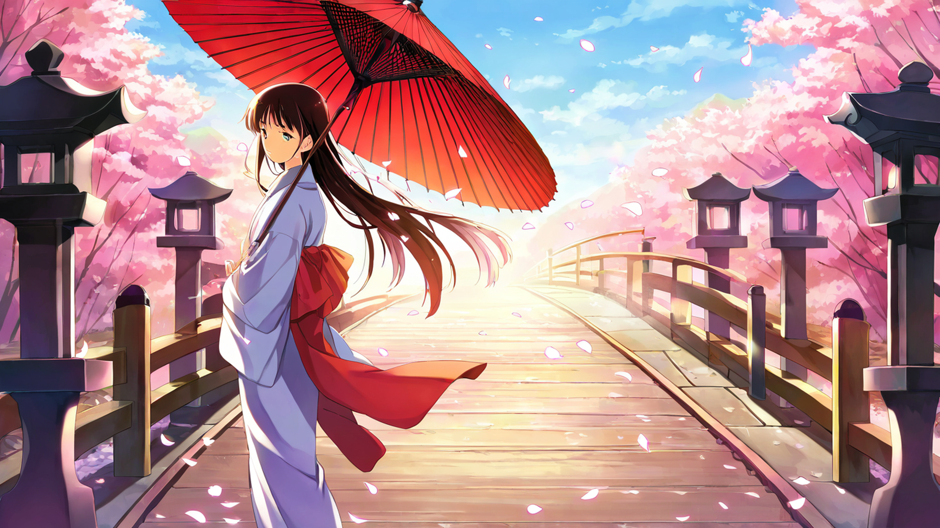 girl sakura umbrella lofi wallpaper