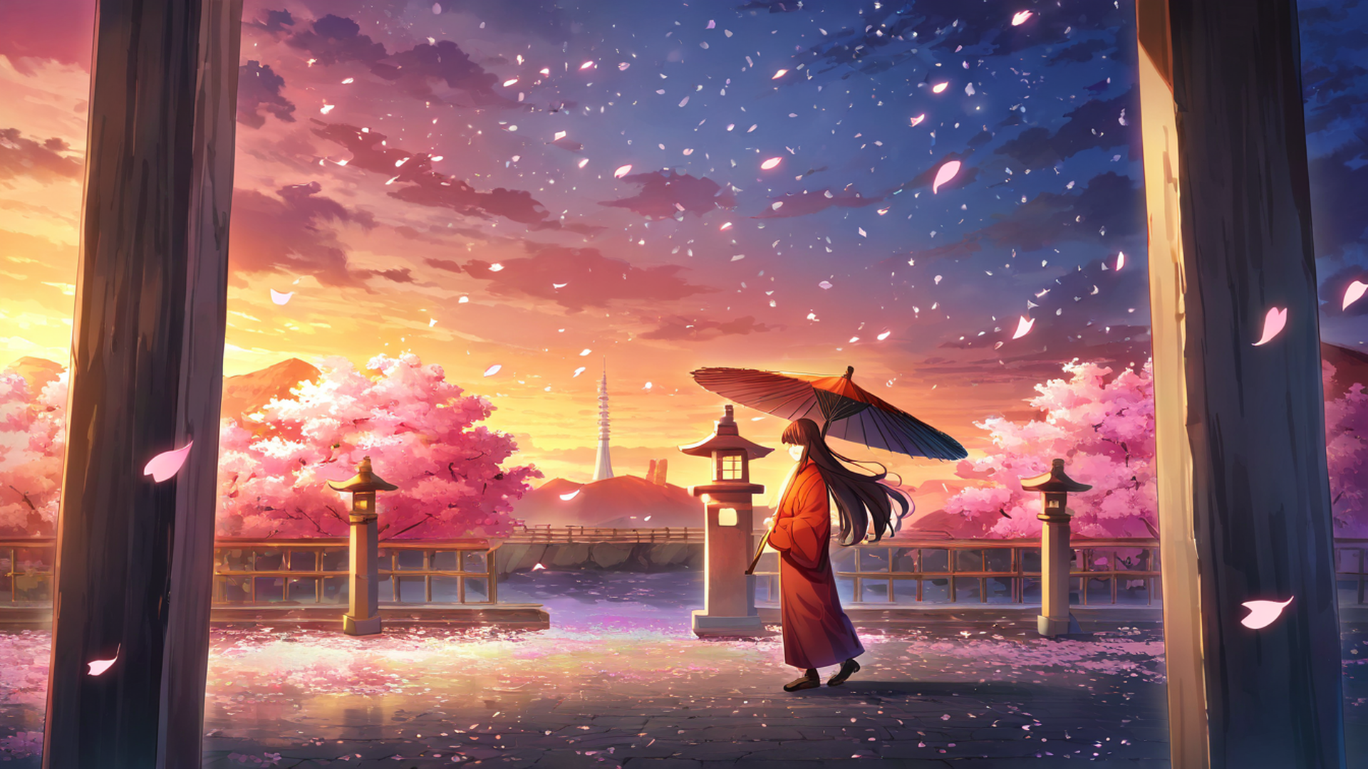 girl sakura umbrella lofi wallpaper