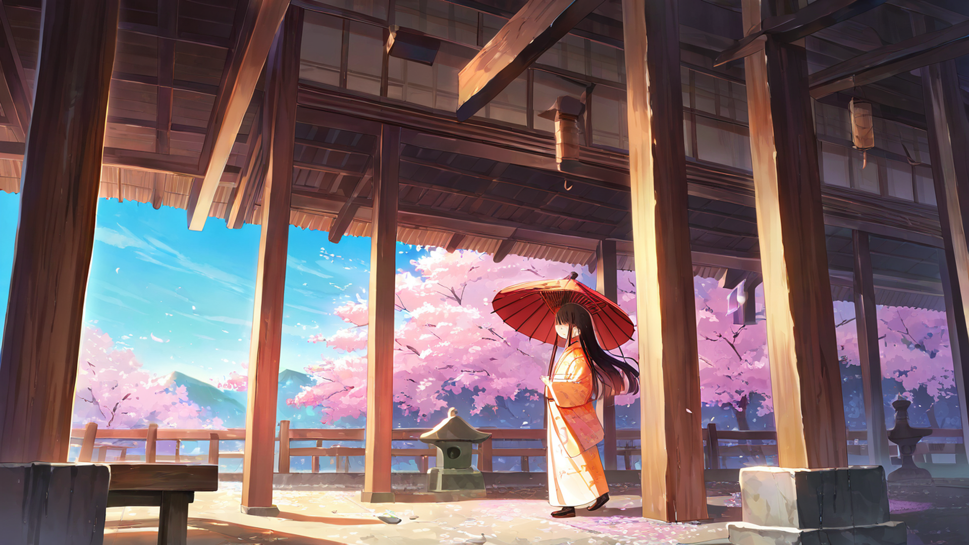girl sakura umbrella lofi wallpaper
