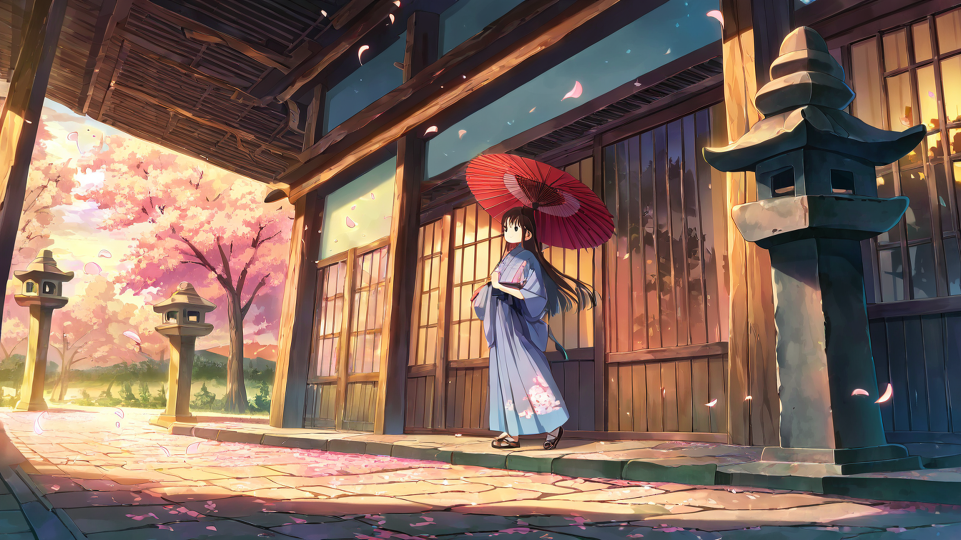 girl sakura umbrella lofi wallpaper