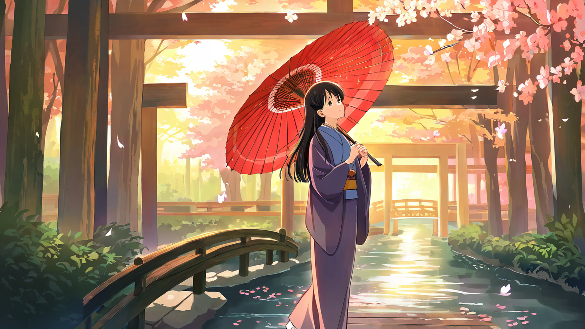 girl sakura umbrella lofi wallpaper