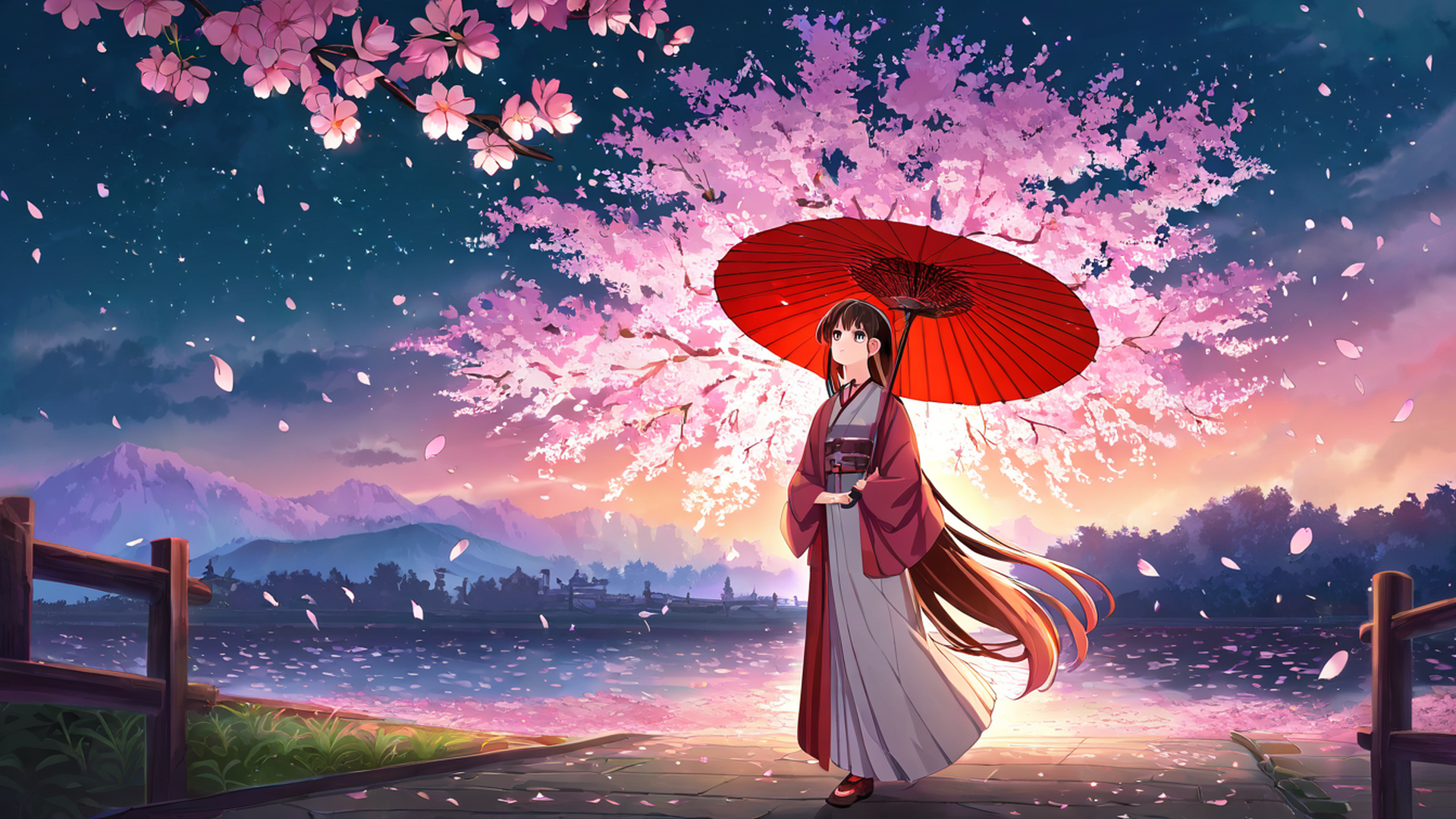 girl sakura umbrella lofi wallpaper