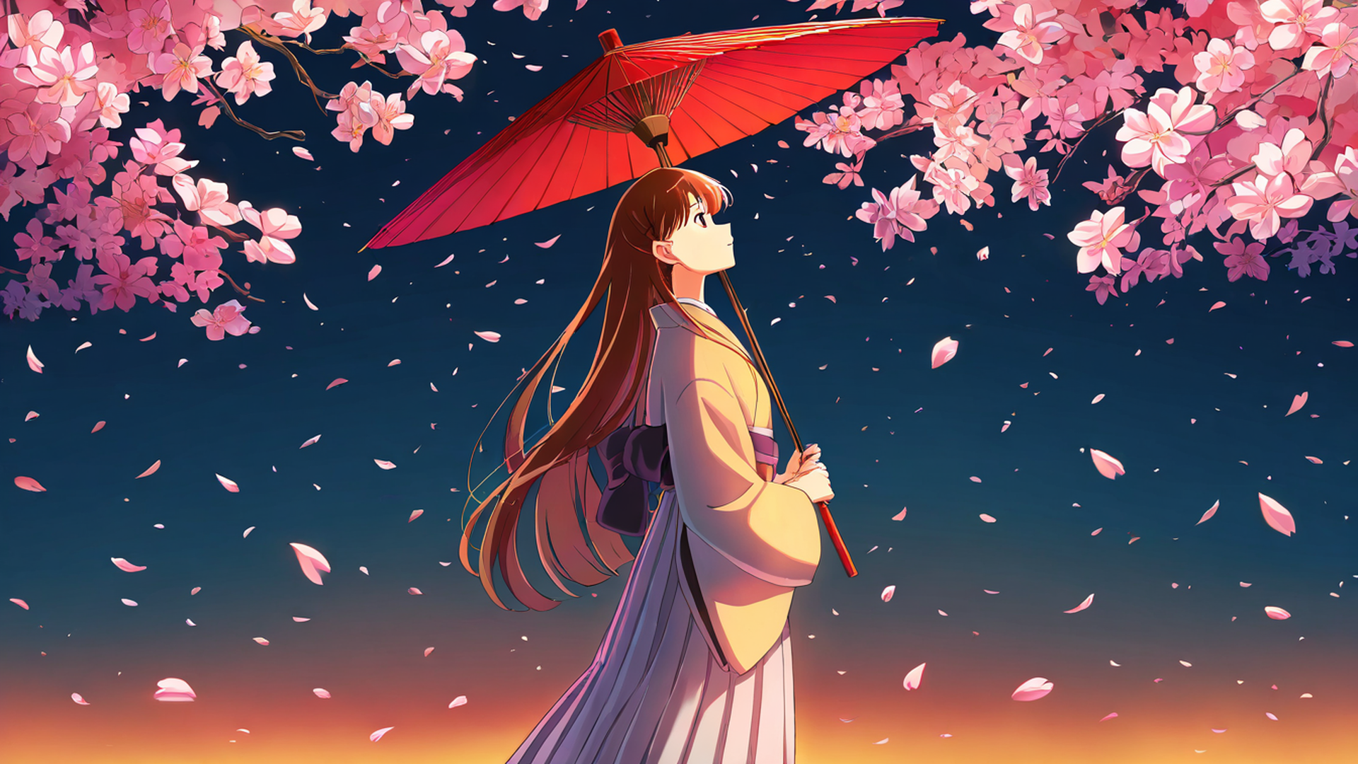 girl sakura umbrella lofi wallpaper