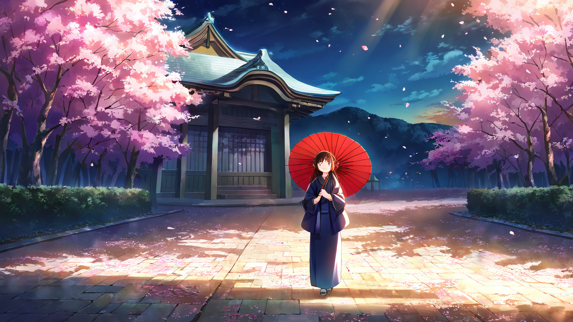 girl sakura umbrella lofi wallpaper
