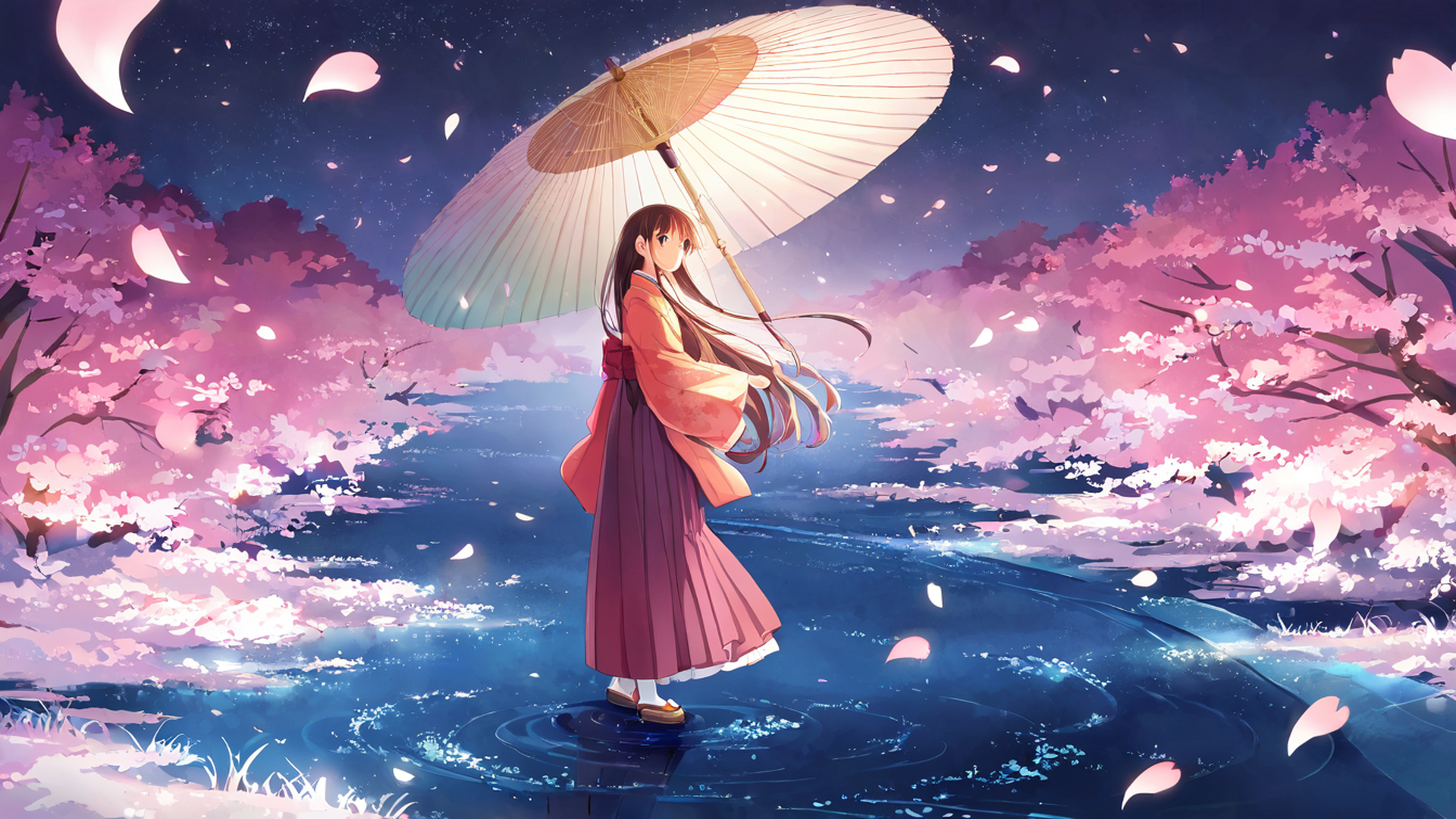girl sakura umbrella lofi wallpaper