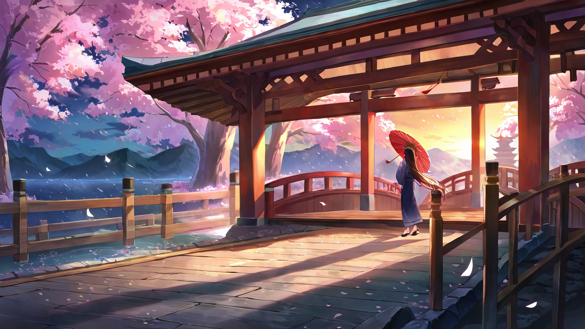 girl sakura umbrella lofi wallpaper