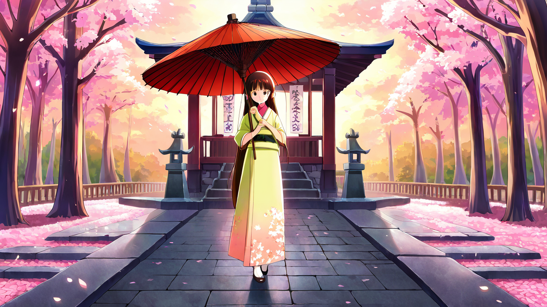 girl sakura umbrella lofi wallpaper