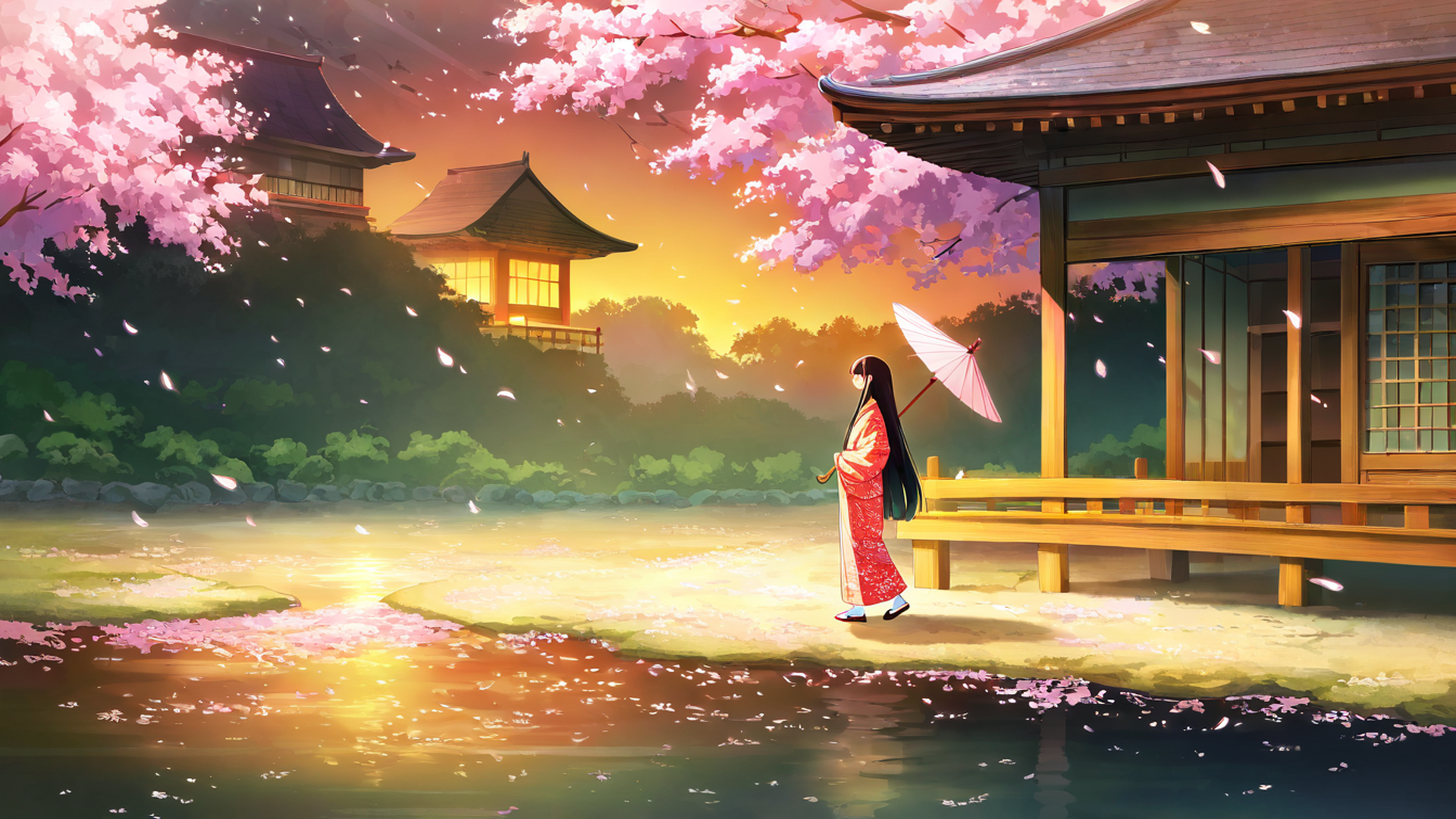 girl sakura umbrella lofi wallpaper