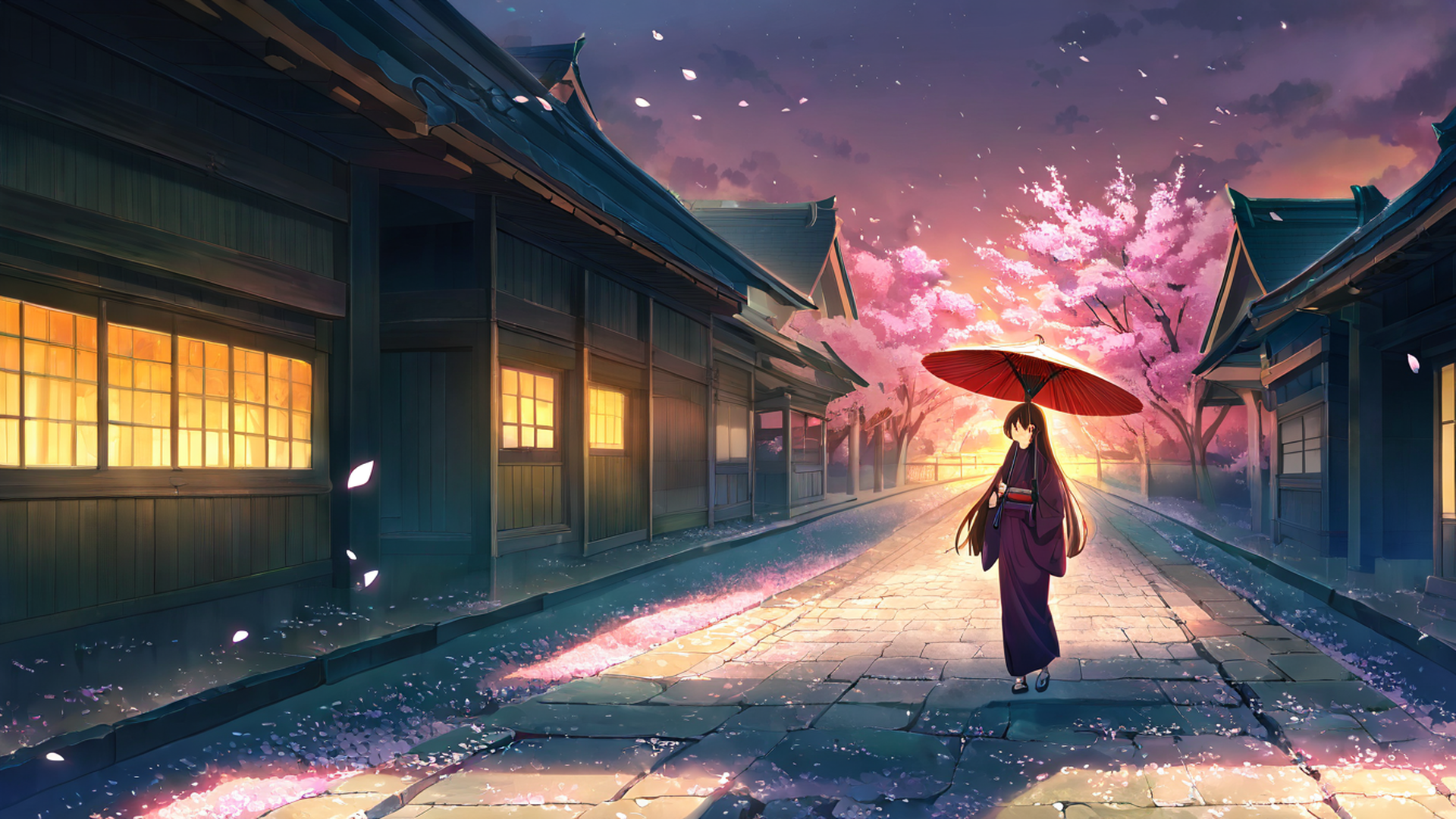 girl sakura umbrella lofi wallpaper