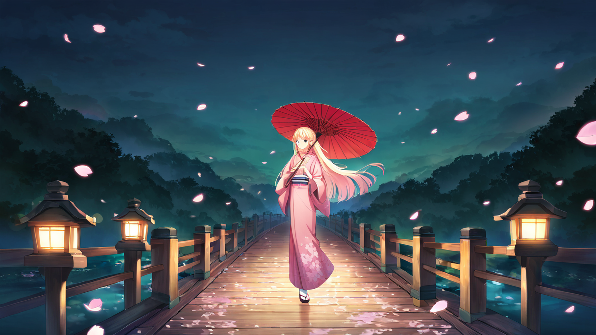 girl sakura umbrella lofi wallpaper