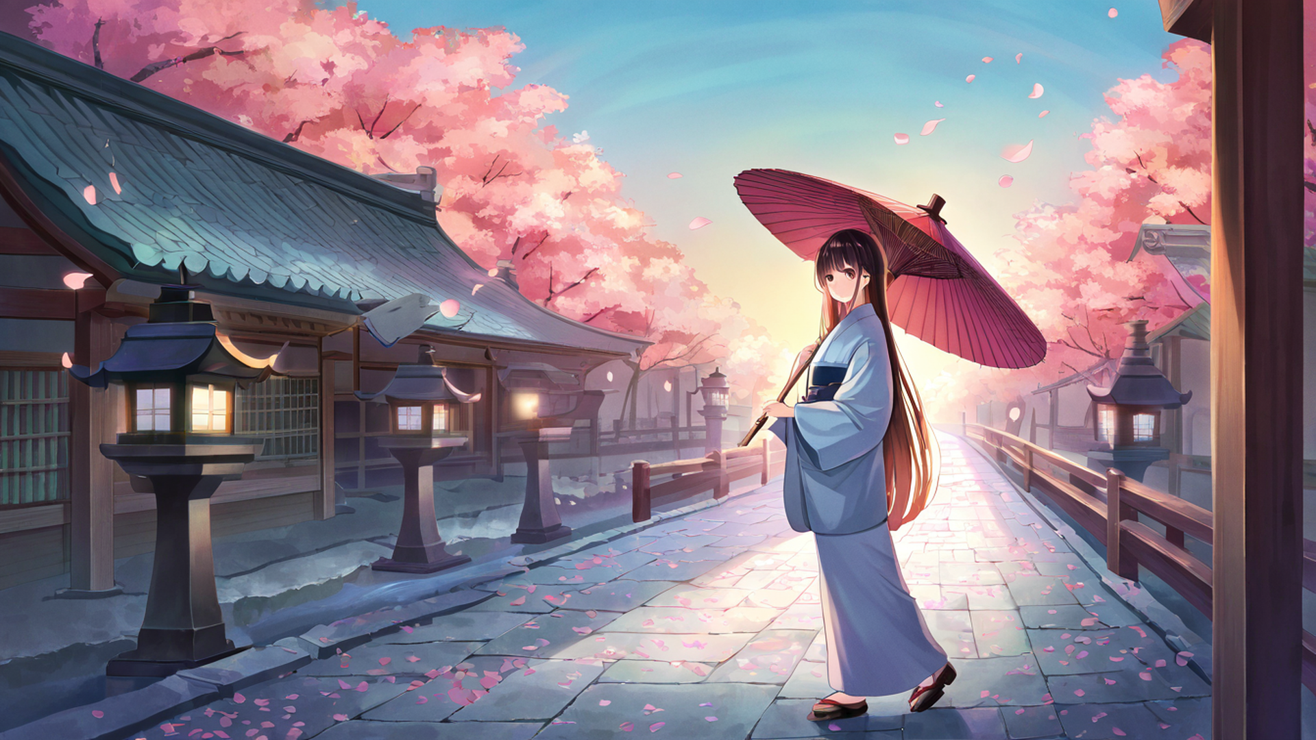 girl sakura umbrella lofi wallpaper