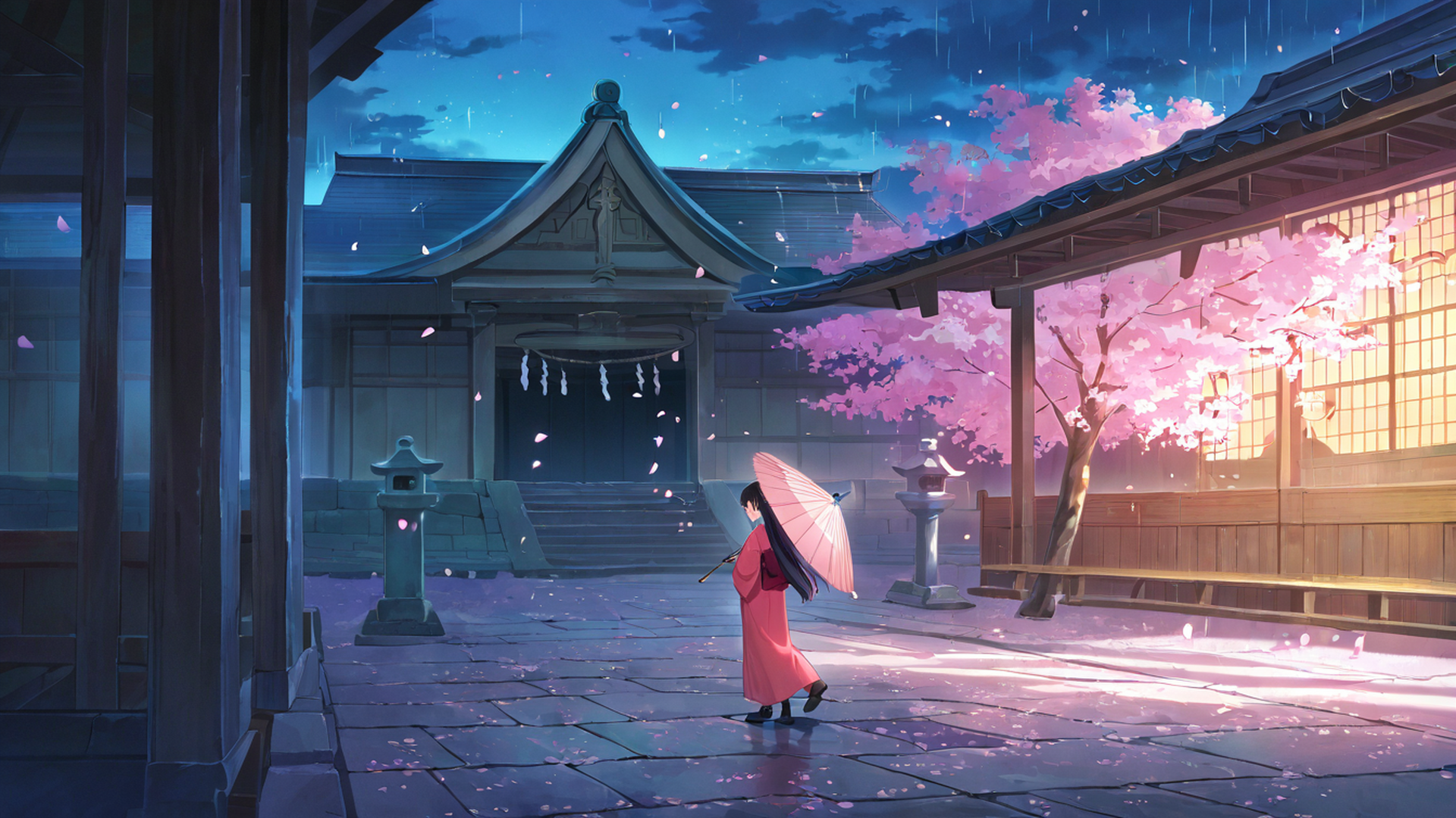 girl sakura umbrella lofi wallpaper
