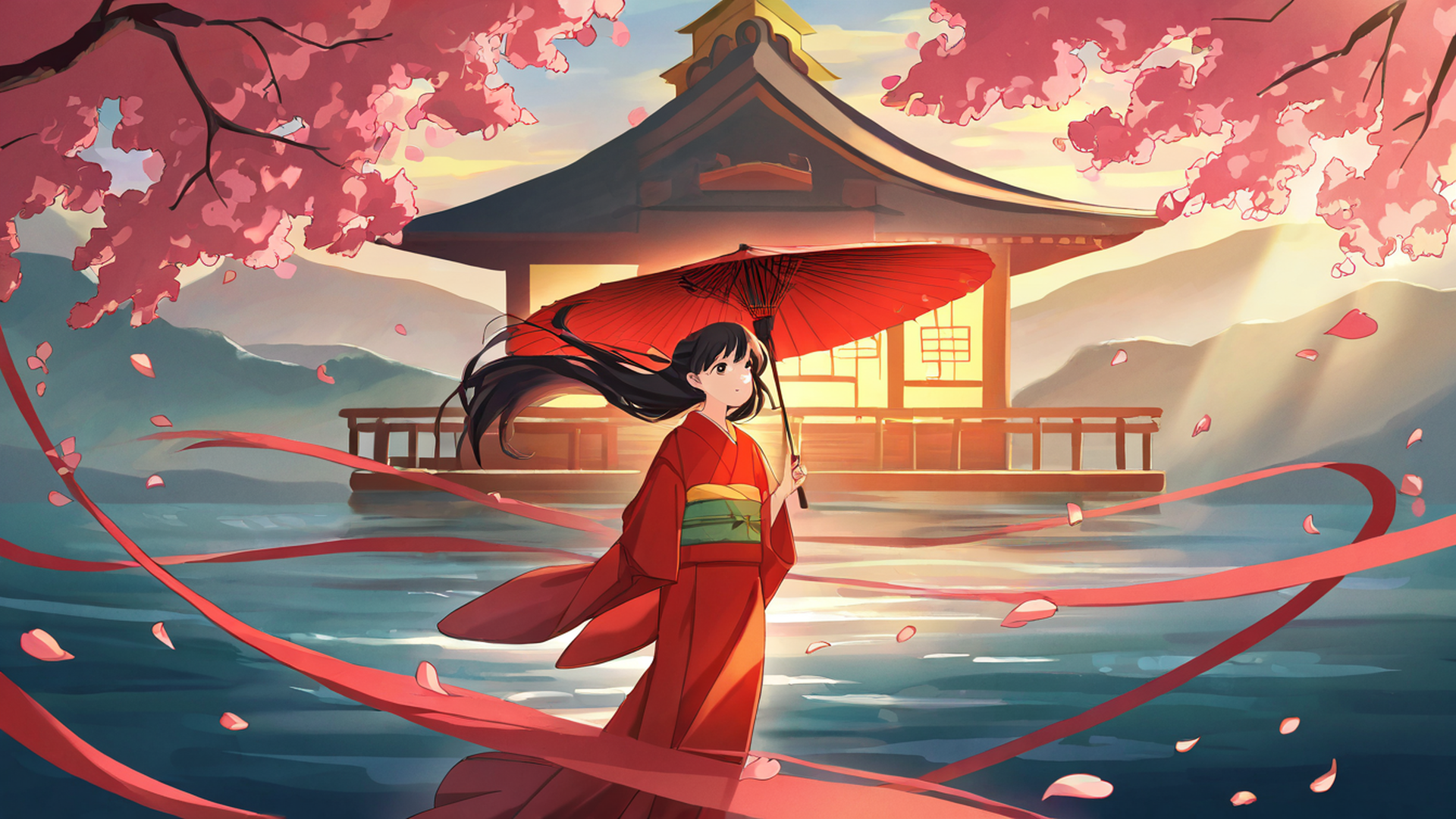 girl sakura umbrella lofi wallpaper