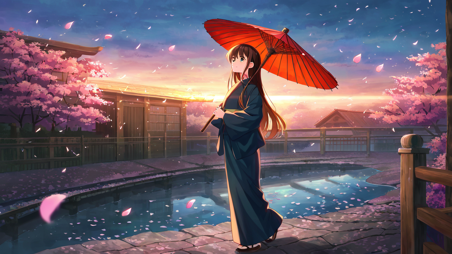 girl sakura umbrella lofi wallpaper
