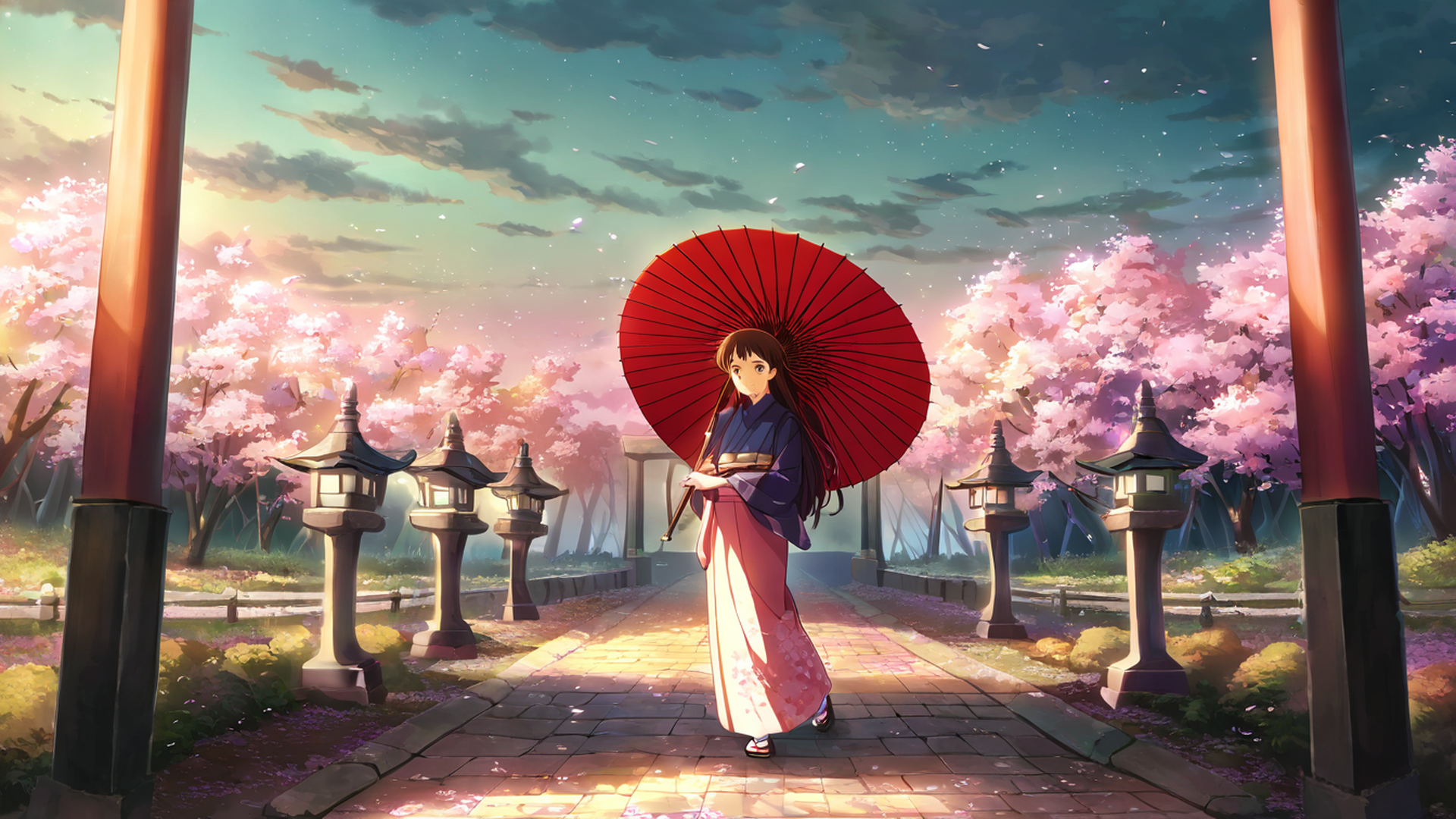 girl sakura umbrella lofi wallpaper