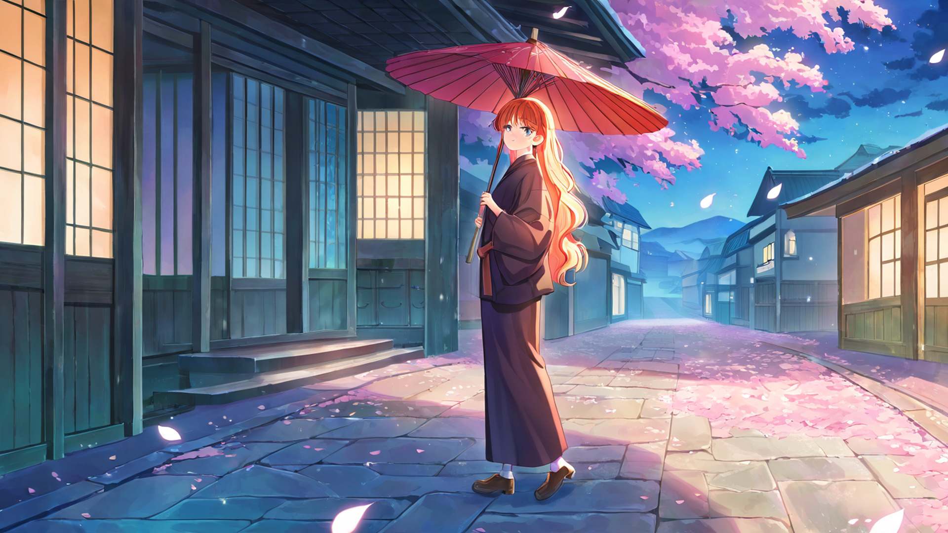 girl sakura umbrella lofi wallpaper