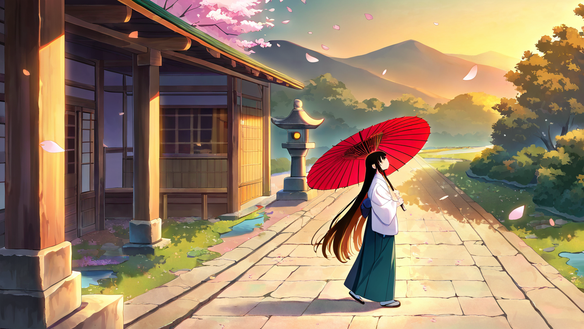 girl sakura umbrella lofi wallpaper