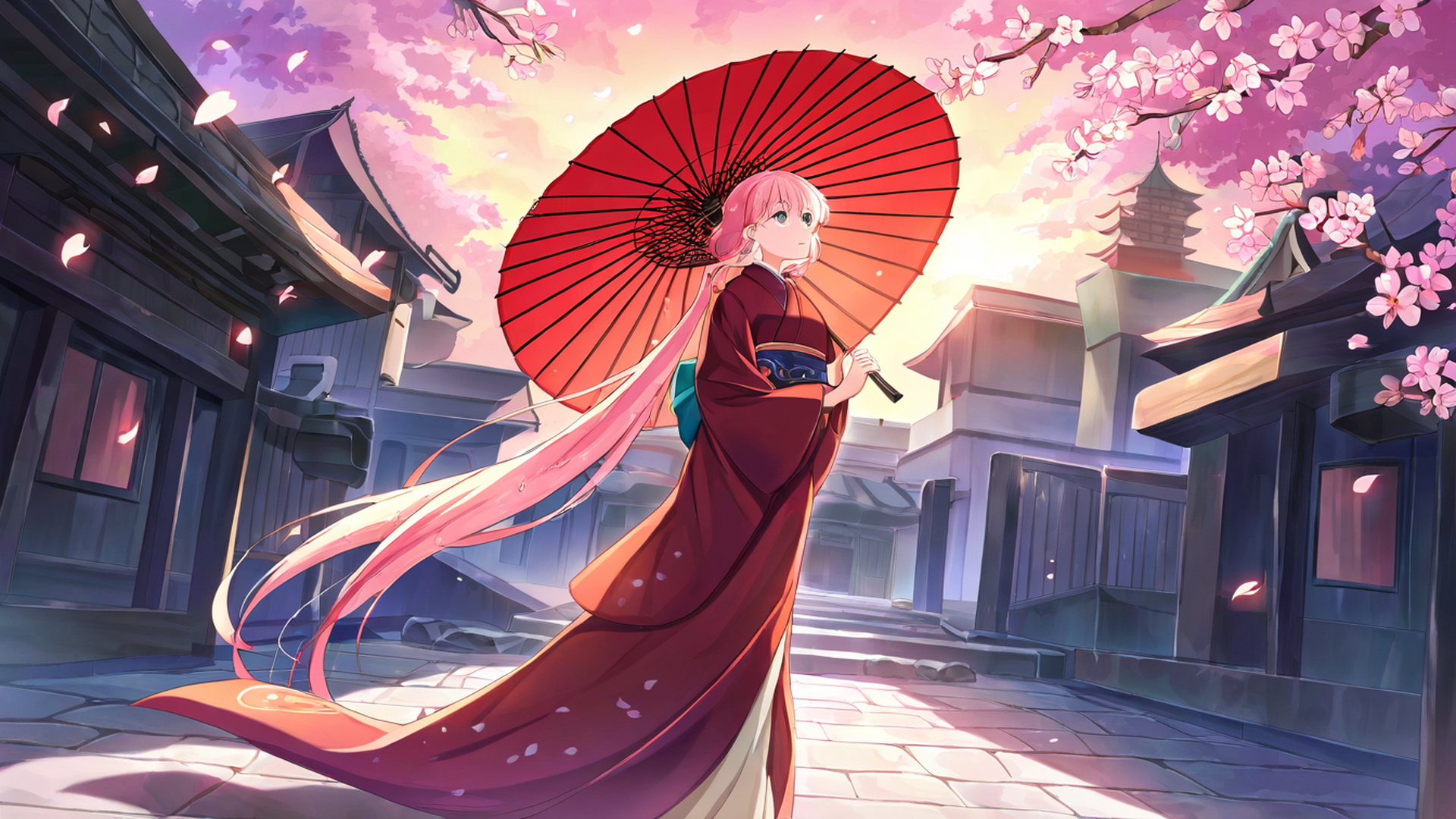 girl sakura umbrella lofi wallpaper