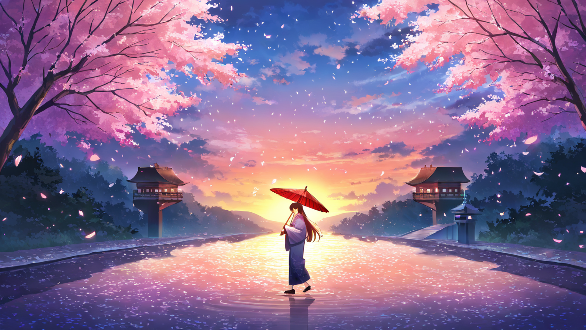girl sakura umbrella lofi wallpaper