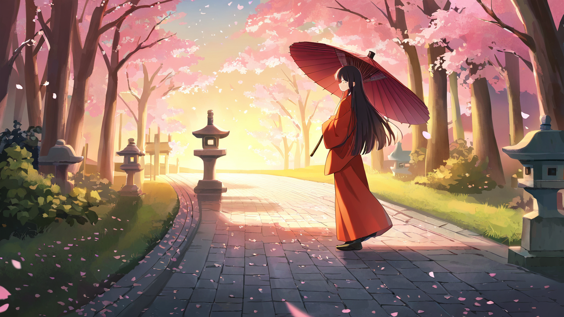 girl sakura umbrella lofi wallpaper