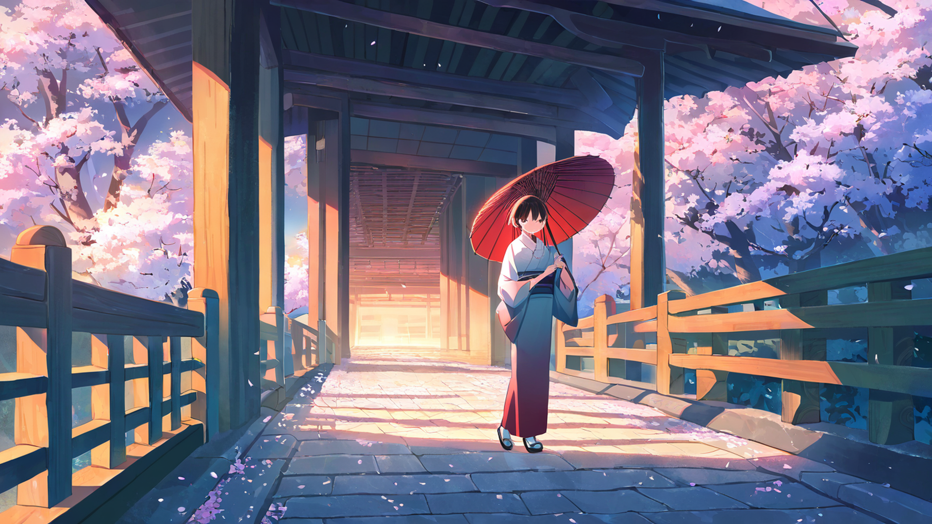 girl sakura umbrella lofi wallpaper