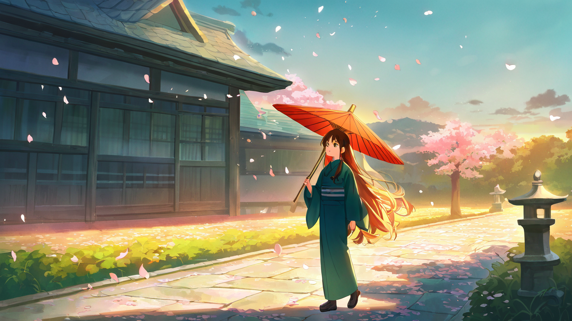 girl sakura umbrella lofi wallpaper