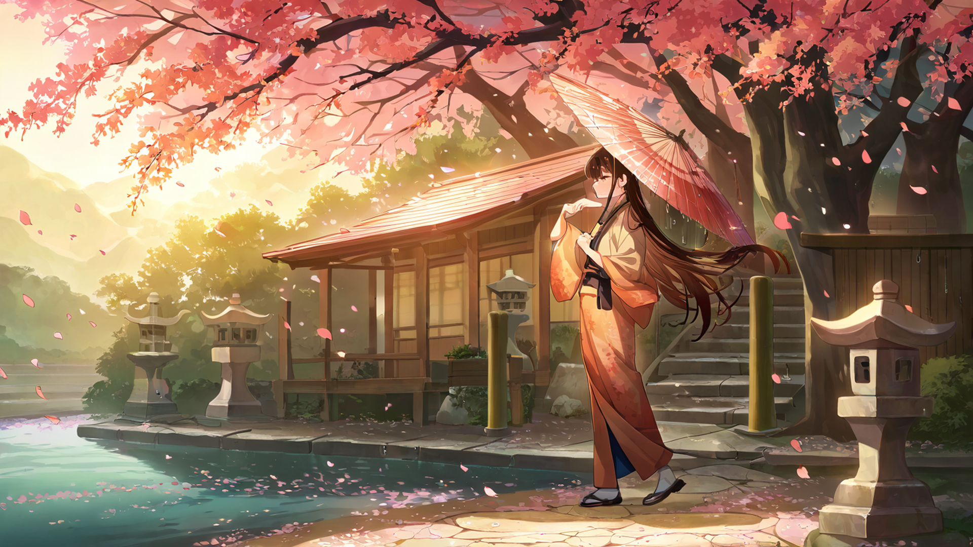 girl sakura umbrella lofi wallpaper