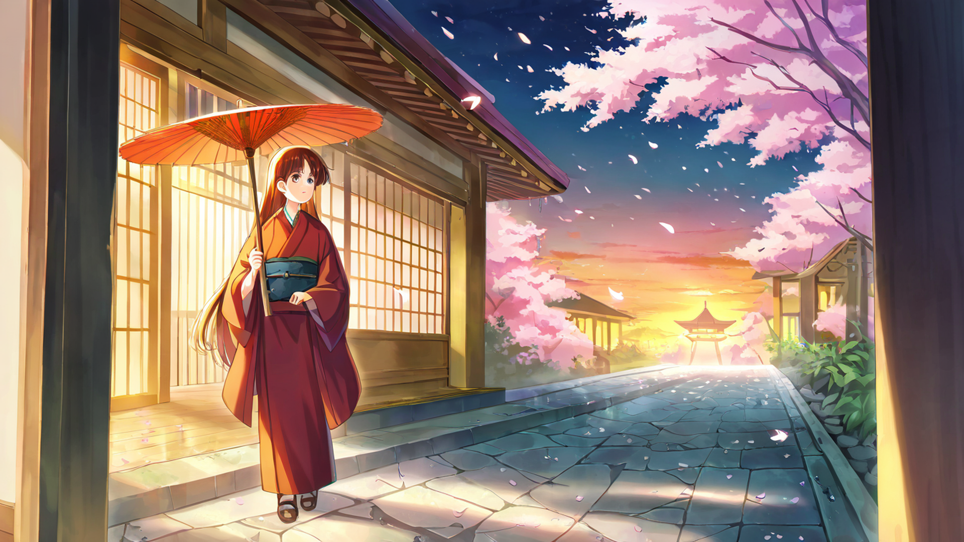 girl sakura umbrella lofi wallpaper