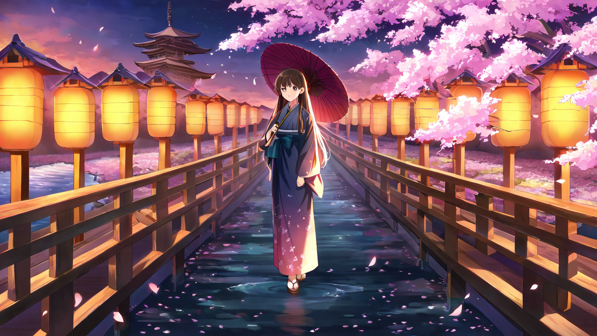 girl sakura umbrella lofi wallpaper