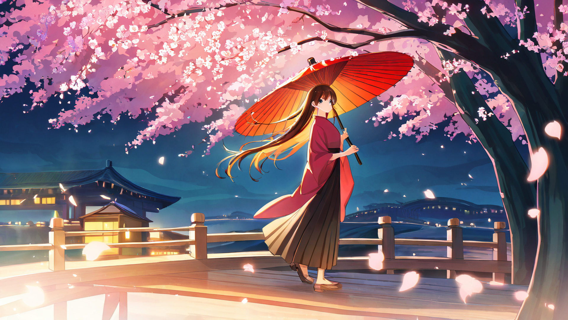 girl sakura umbrella lofi wallpaper