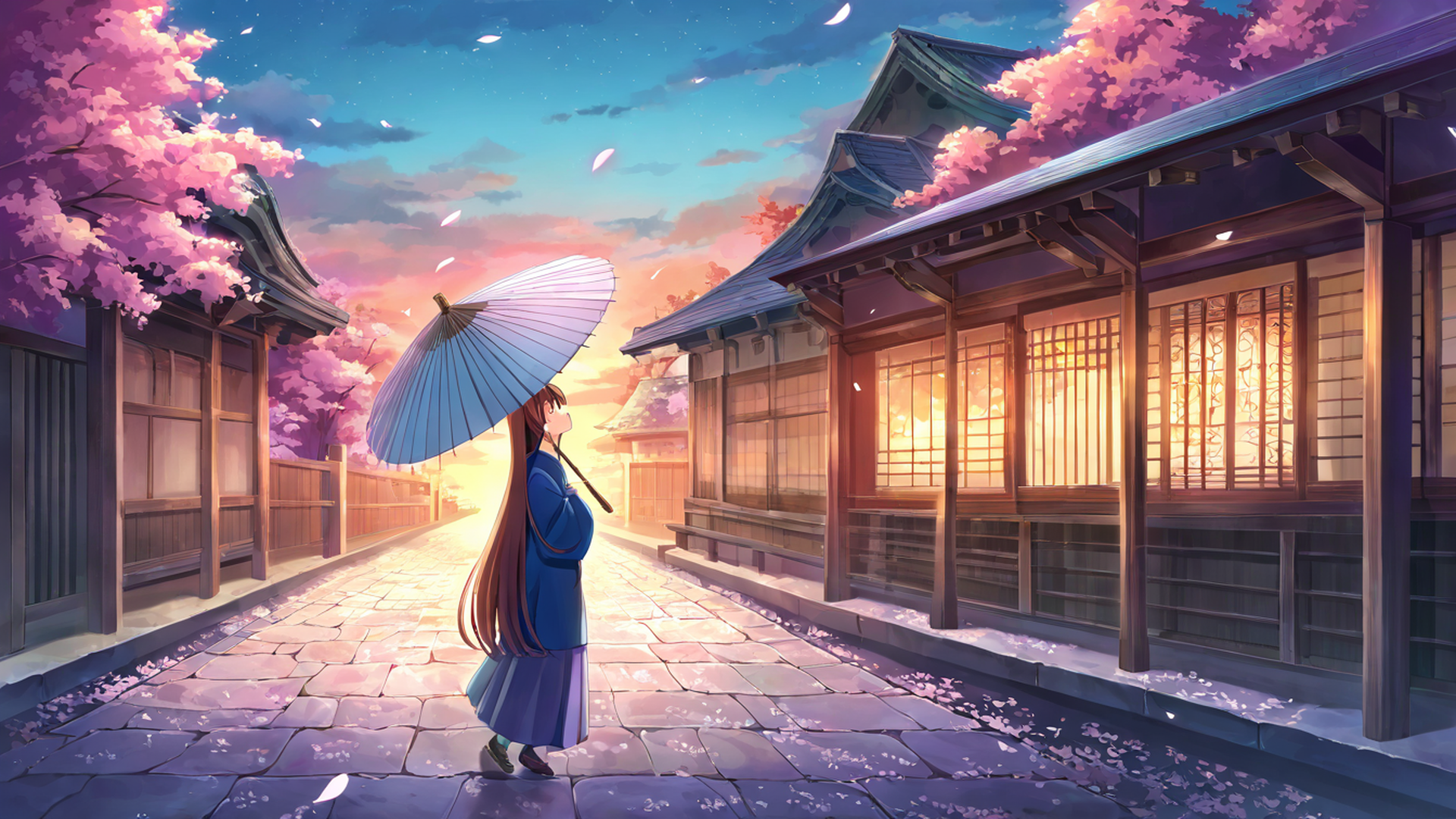 girl sakura umbrella lofi wallpaper