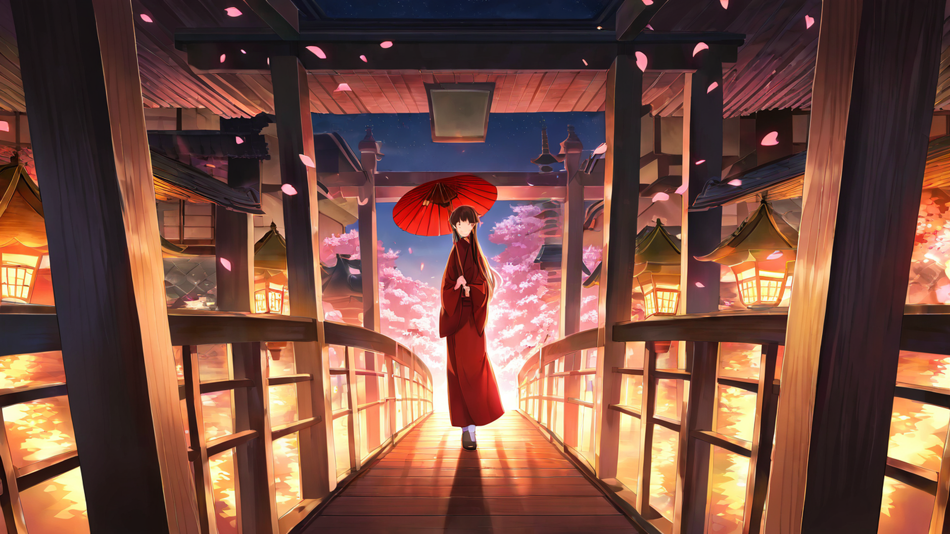 girl sakura umbrella lofi wallpaper