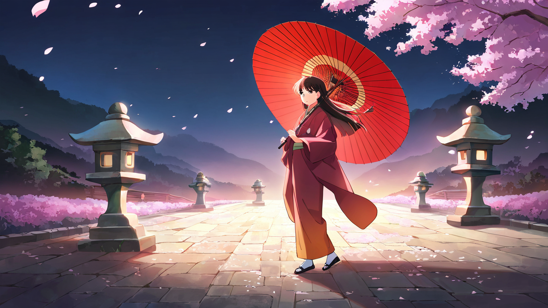 girl sakura umbrella lofi wallpaper