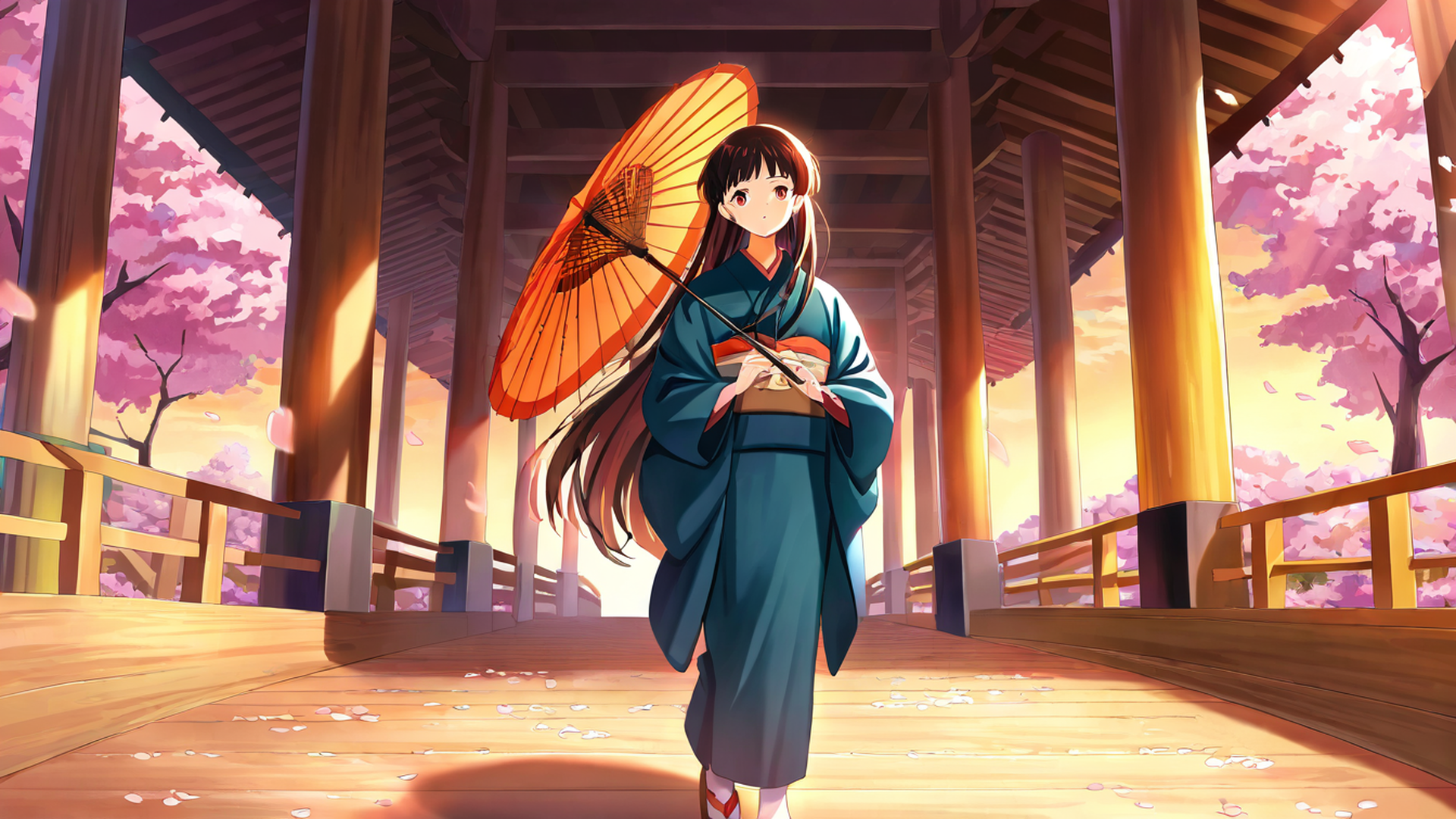 girl sakura umbrella lofi wallpaper