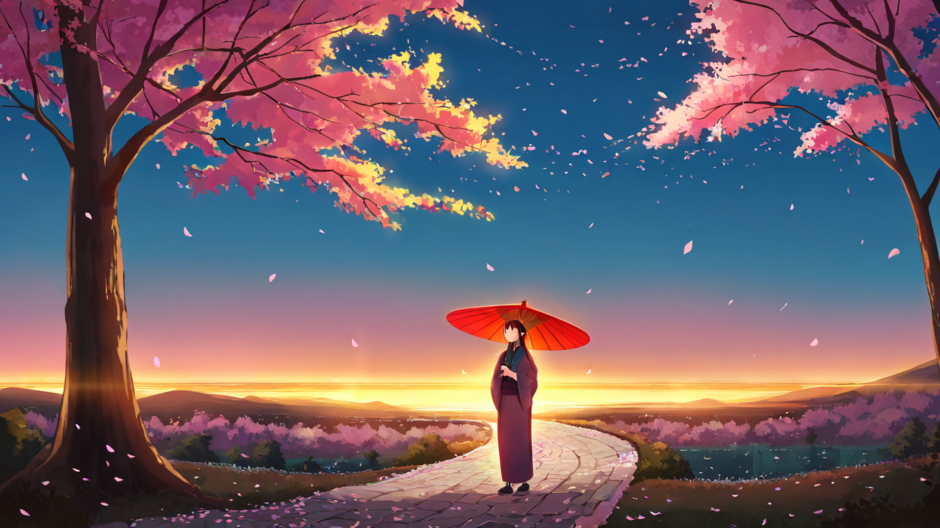 girl sakura umbrella lofi wallpaper