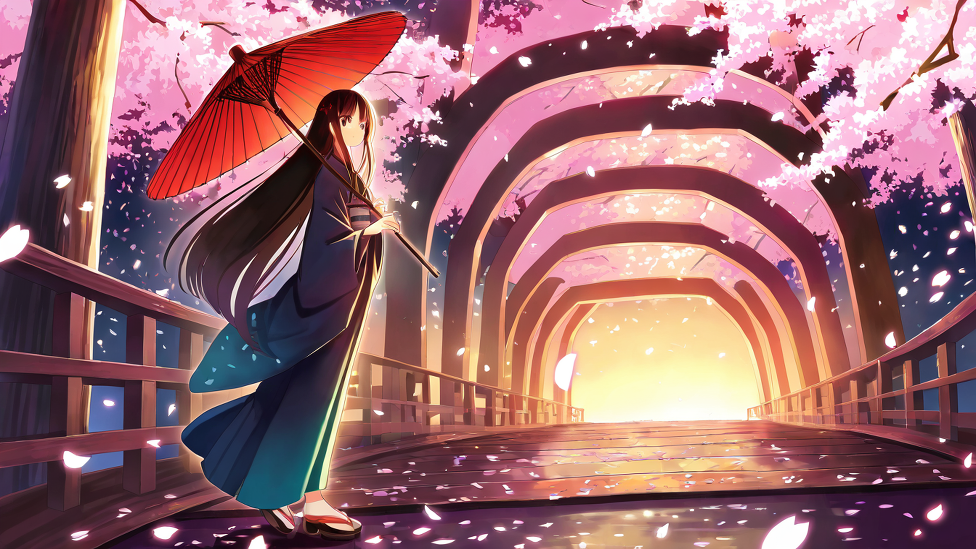 girl sakura umbrella lofi wallpaper