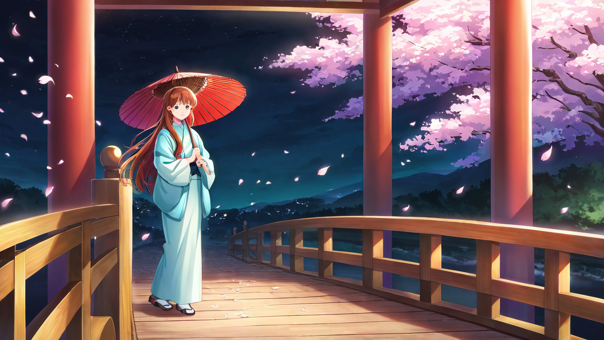 girl sakura umbrella lofi wallpaper